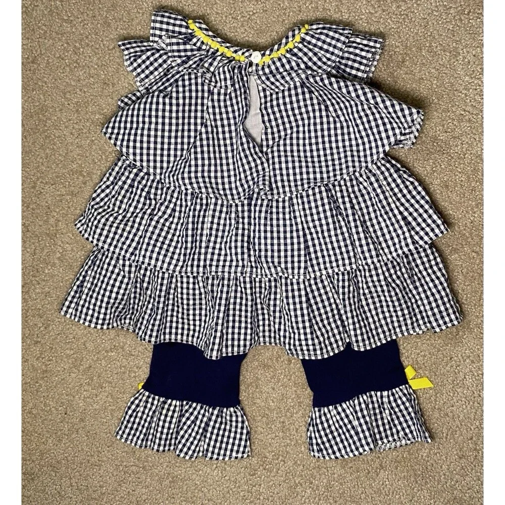 Rare Editions 6M Navy Gingham Butterfly Outfit 2pc Set Pom Pom Trim Summer